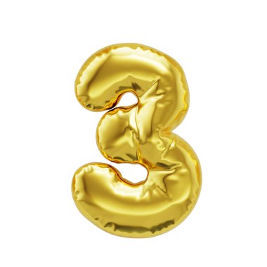 Number 3 shiny golden inflatable balloons isolated on white background with clipping path. 3d rendering
