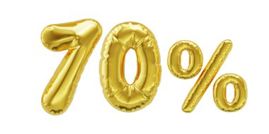 70% off discount promotion sale shiny golden inflatable balloons isolated on white background with clipping path. Sale, discount and promotion concept. 3d rendering