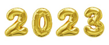 Happy New Year 2023 shiny golden inflatable balloons isolated on white background with clipping path. Celebrate, party, poster, banner, greeting card and festive concept. 3d rendering