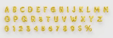 Set of shiny golden inflatable balloons uppercase english alphabet and number isolated on white background with clipping path. 3d rendering