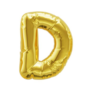 Letter D shiny golden inflatable balloons isolated on white background with clipping path. 3d rendering
