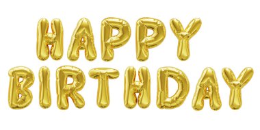 Happy Birthday shiny golden inflatable balloons isolated on white background with clipping path. Celebrate, party, poster, banner, greeting card concept. 3d rendering