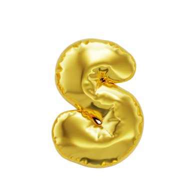 Letter S shiny golden inflatable balloons isolated on white background with clipping path. 3d rendering