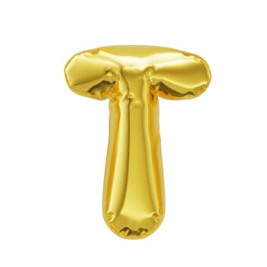 Letter T shiny golden inflatable balloons isolated on white background with clipping path. 3d rendering