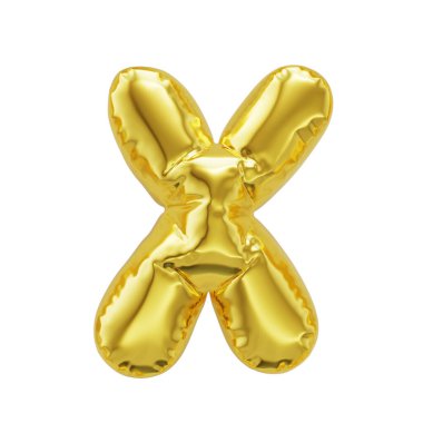 Letter X shiny golden inflatable balloons isolated on white background with clipping path. 3d rendering