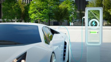 White EV Car charging with modern UI control information display charging station. Future of mobility and Alternative sustainable Eco energy concept. 3d render