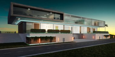 Güzel modern lüks villa. İyi geceler. 3d oluşturma
