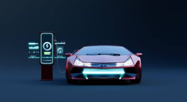 Red EV Car charging with modern UI control information display charging station. Future of mobility and Alternative sustainable Eco energy concept. 3d render and illustration