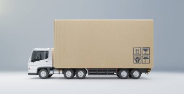 Cargo Truck with big cardboard box package ready to be delivery. Concept of delivery industry. 3d rendering