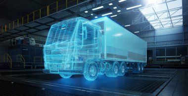 Wireframe transform to real Truck process in factory . Futuristic transporter concept. 3d rendering