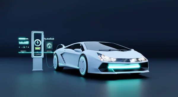 White EV Car charging with modern UI control information display charging station. Future of mobility and Alternative sustainable Eco energy concept. 3d render and illustration
