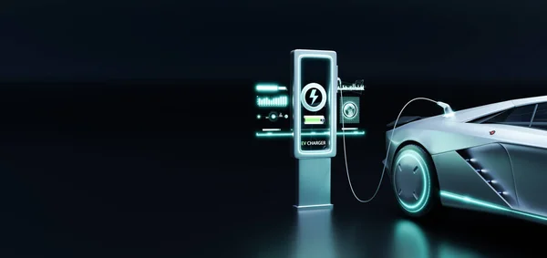 EV Car charging with modern UI control information display charging station. Future of mobility and Alternative sustainable Eco energy concept. 3d render and illustration