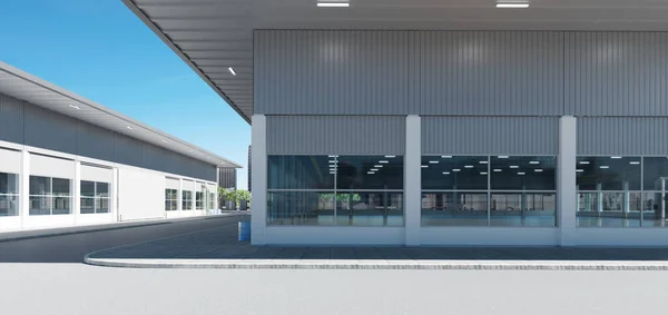 Modern new factory building with empty asphalt floor. 3d rendering