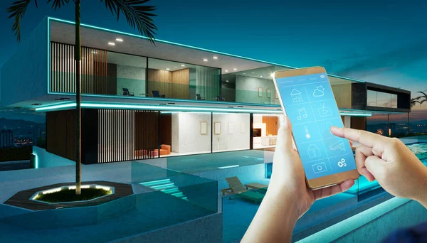 Mobile Phone Control Smart Home App Luxury House — Zdjęcie stockowe