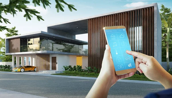 Mobile phone control with smart home app in luxury house
