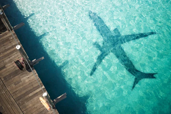 Beautiful Tropical Beach Airplane Shadow Travel Concept — Foto Stock