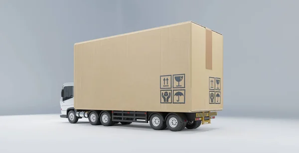 Cargo Truck with big cardboard box package ready to be delivery. Concept of delivery industry. 3d rendering