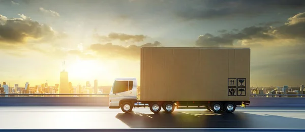 Cargo Truck Dengan Paket Kotak Kardus Besar Jalan Konsep Industri — Stok Foto