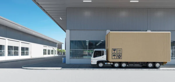 Cargo Truck Big Cardboard Box Package Parking Front Factory Concept — Stockfoto
