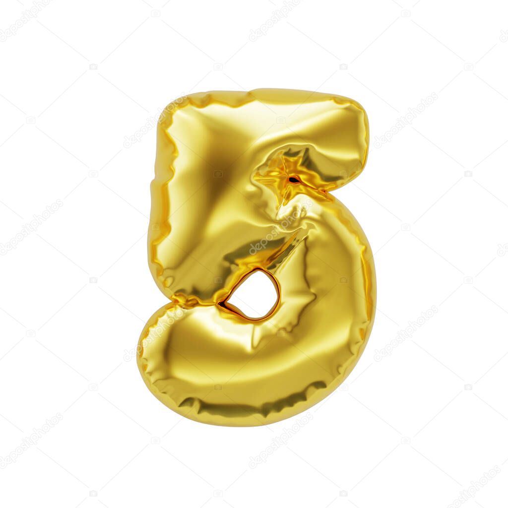 Number 5 shiny golden inflatable balloons isolated on white background with clipping path. 3d rendering