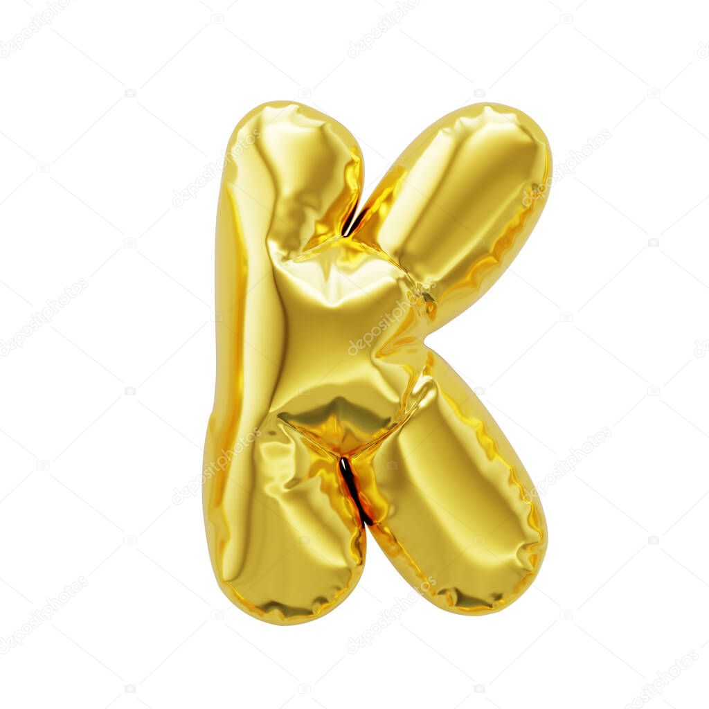 Letter K shiny golden inflatable balloons isolated on white background with clipping path. 3d rendering