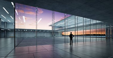 Rear view of successful businessman looking the sky from his office ,early morning scene. Realistic 3d rendering