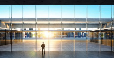 Rear view of successful businessman looking the city from his office ,sunrise scene. Realistic 3d rendering