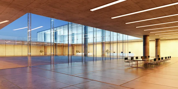 Modern glass wall commercial buildings meeting room area. Realistic 3d rendering