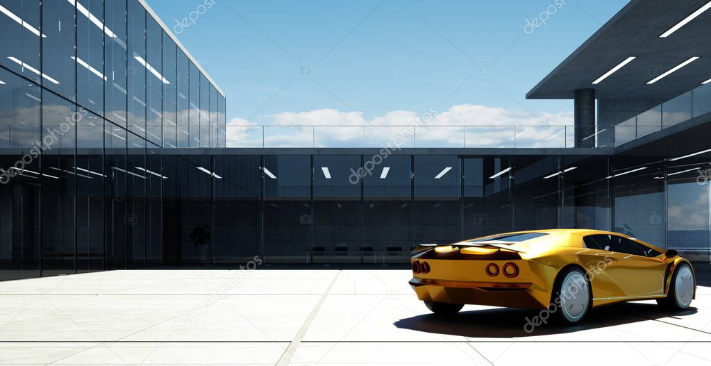 Electric sports car parked in the center of modern glass facade walls building. Realistic 3d rendering