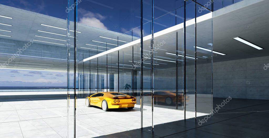 Electric sports car parked in the center of modern glass facade walls building. Realistic 3d rendering