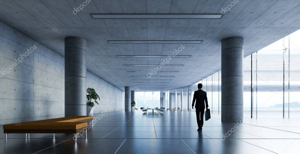 Business man walking in the office corridor, Realistic 3d rendering