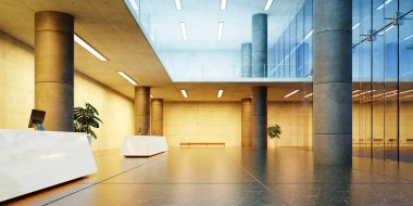 Modern glass wall commercial buildings reception lobby hall. Realistic 3d rendering