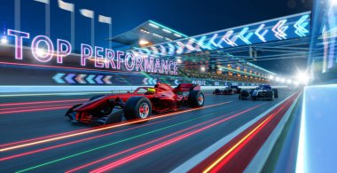 Sport racing car fast driving with TOP PERFORMANCE text, Fastest and best performance concept . 3D illustration and rendering