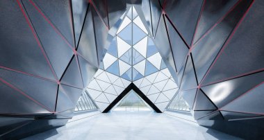 Soyut üçgen şekil tasarımı modern mimari bina içi cam, beton ve çelik elementlerle kaplı. 3B görüntüleme.
