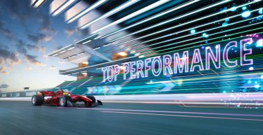Sport racing car fast driving with TOP PERFORMANCE text, Fastest and best performance concept . 3D illustration and rendering