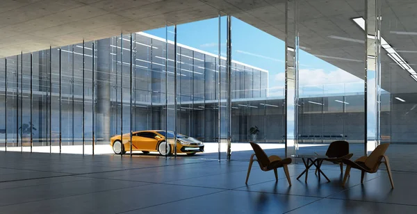 Modern Cam Cephe Binasının Yanına Park Edilmiş Elektrikli Spor Araba — Stok fotoğraf