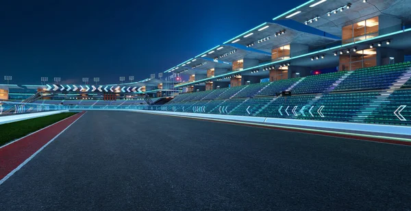 Rendering Racing Concept Evening Scene Futuristic Racetrack Glass Railing Neon — Stok fotoğraf