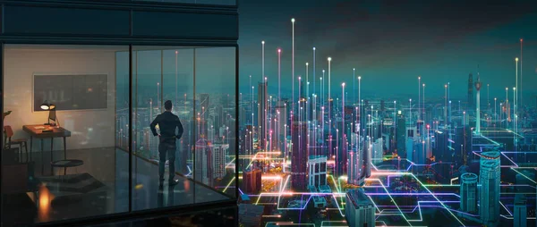 商人站在办公室与抽象线和网点连接与梯度线设计全景城市的观点 具有智能大数据技术概念的商业成功 — 图库照片