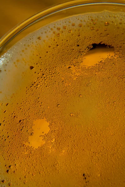 マクロに注がれた飲料の泡です 白とオレンジの丸がぼけています 高品質の写真 — ストック写真
