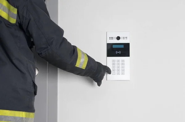 Fireman Hand Dials Code Electronic Intercom Open Iron Door — Stock Photo, Image