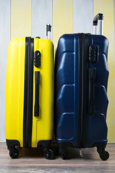 Gray Yellow Background Two Suitcases Travel Close — Stock Photo, Image