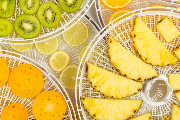 Schijfjes Ananas Verschillende Vruchten Een Droogschaal Bovenaanzicht Stockafbeelding