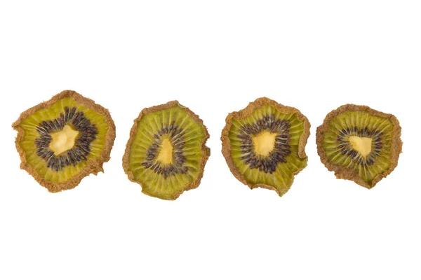 Close Dry Pieces Kiwi Fruit Different Size Lay Out Row — Stok Foto