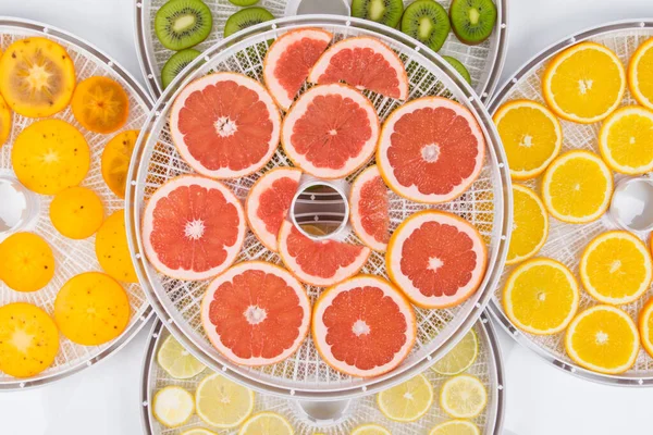 Les Tranches Fraîches Kaki Kiwi Pamplemousse Orange Citron Trouvent Sur Images De Stock Libres De Droits