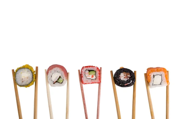 Tavolo Bianco Assortimento Cinque Panini Giapponesi Tonno Salmone Formaggio Morbido — Foto Stock