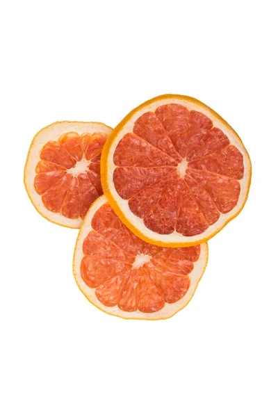Nahaufnahme Drei Runde Stücke Getrockneter Grapefruit Auf Weißem Hintergrund — Stockfoto