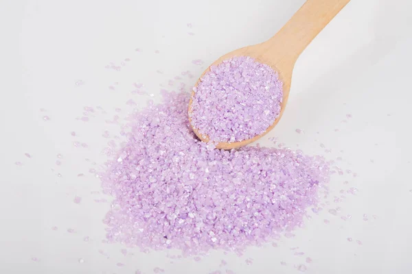 White Background Wooden Spoon Lilac Bath Salt Scattered Relaxation — Stock Photo, Image