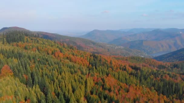 Cinematic Movement Push Tracking Aerial View Mountains Lake Autumn — Stock Video