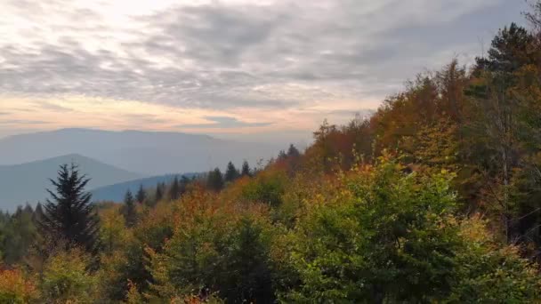 Cinematic Movement Tilt Aerial View Sunset Mountains Autumn Beskid Mountains — Stock Video