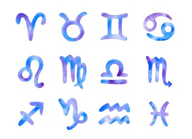 Burç işaretlerinin suluboya çizimi, burç sembolleri. Astrolojik set beyaz arka planda izole edildi. Koç, aslan, ikiz, boğa, akrep.
